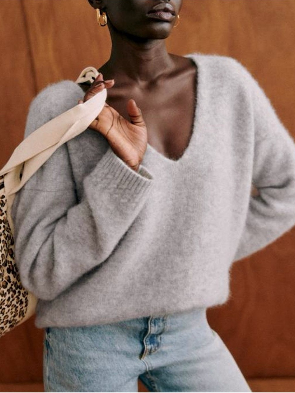 SÉZANE Denisa Jumper Grey Alpaca Oversized V-Neck Sweater M